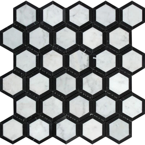 White Carrara Marble 2x2 Hexagon with Black Polished Mosaic Tile.