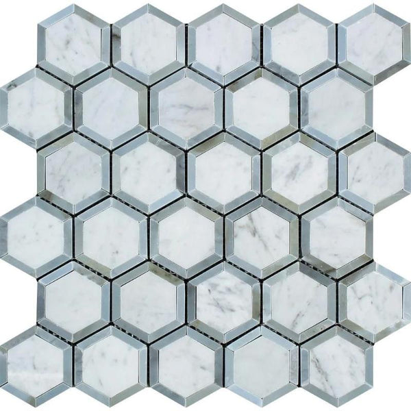 White Carrara Marble 2x2 Hexagon with Blue Honed Mosaic Tile.