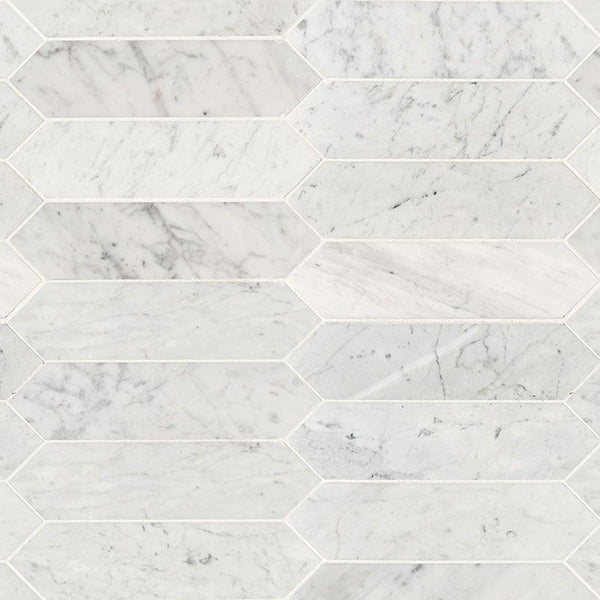 White Carrara Marble 3x12 Picket Honed Mosaic Tile.