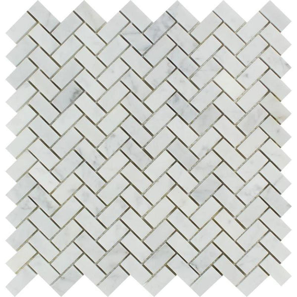 White Carrara Marble 5/8x1 1/4 Herringbone Honed Mosaic Tile.