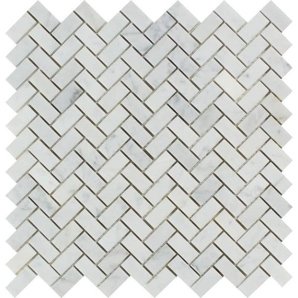 White Carrara Marble 5/8x1 1/4 Herringbone Polished Mosaic Tile.