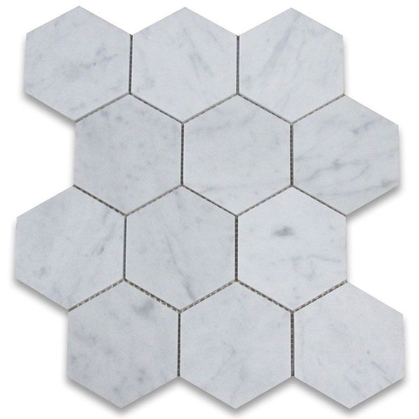 White Carrara Marble 5x5 Hexagon Honed Mosaic Tile.