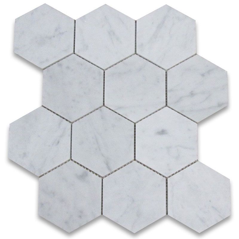 White Carrara Marble 5x5 Hexagon Polished Mosaic Tile.