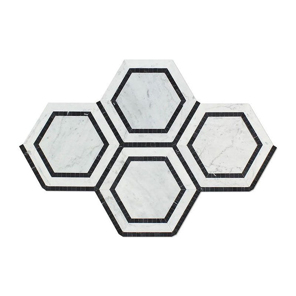 White Carrara Marble 5x5 Hexagon with Black Honed Mosaic Tile.