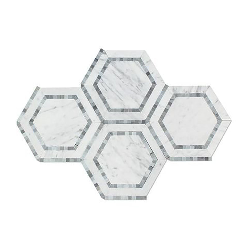 White Carrara Marble 5x5 Hexagon with Blue Honed Mosaic Tile.