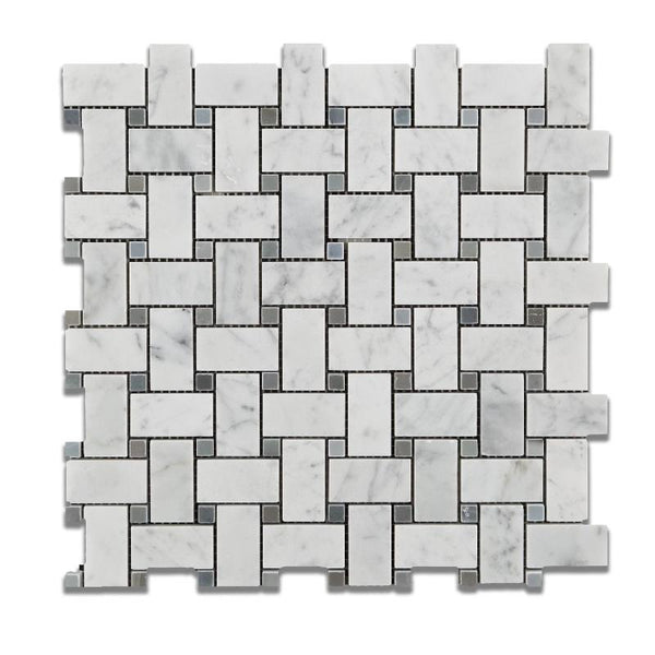 White Carrara Marble Honed Basketweave w/Gray Dots Mosaic Tile.