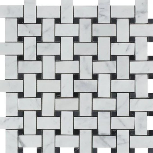 White Carrara Marble Honed Basketweave with Black Dots Mosaic Tile.