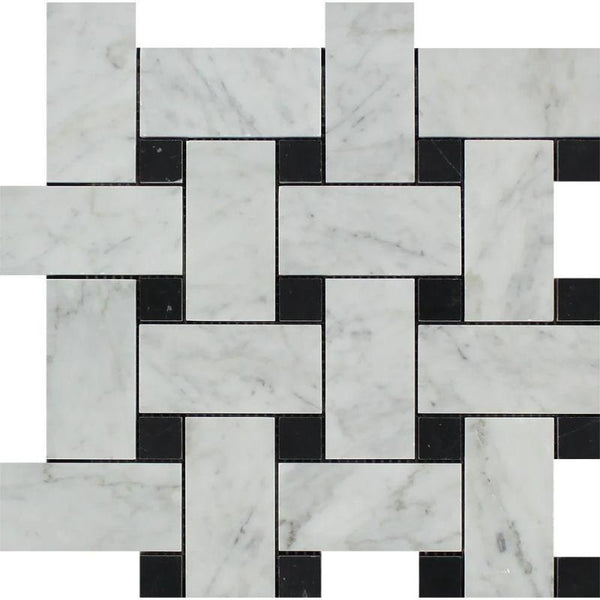 White Carrara Marble Large Basketweave with Black Dots Honed Mosaic Tile.