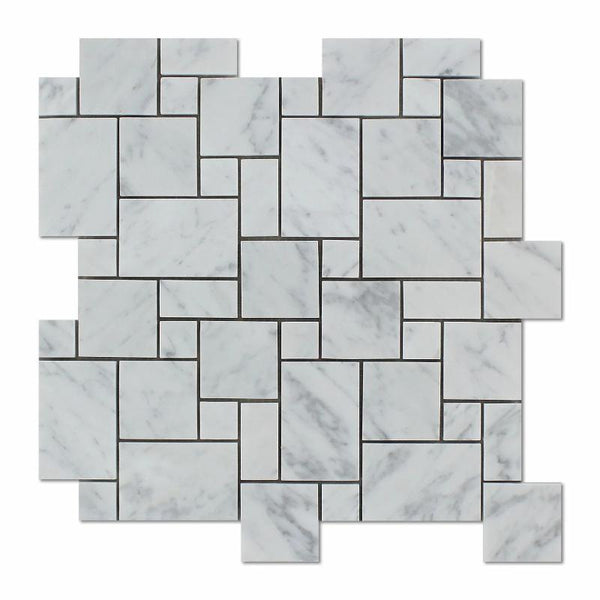 White Carrara Marble Micro Mini Pattern Honed Mosaic Tile.