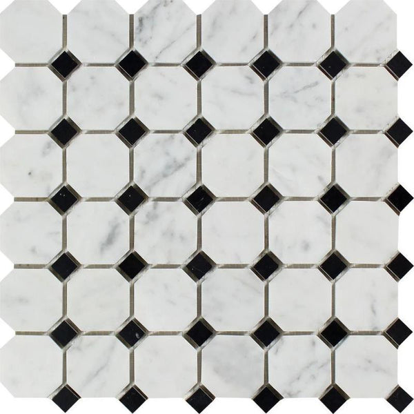 White Carrara Marble Octagon with Black Dots Honed Mosaic Tile.
