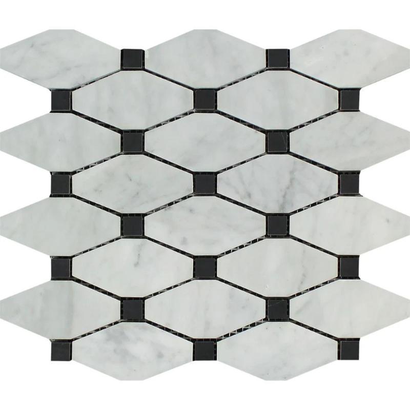 White Carrara Marble Octave with Black Dots Honed Mosaic Tile.