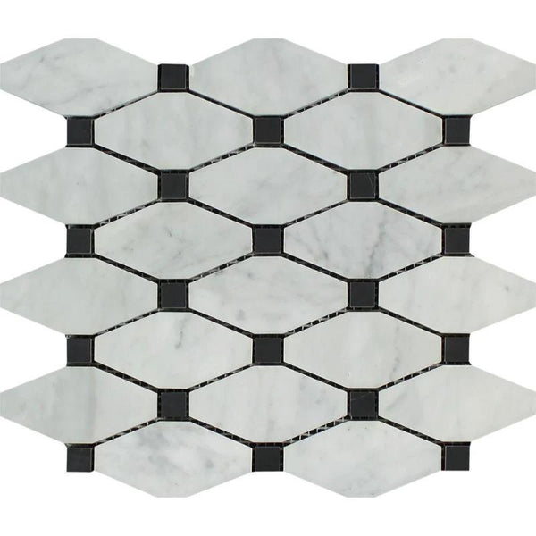 White Carrara Marble Octave with Black Dots Polished Mosaic Tile.