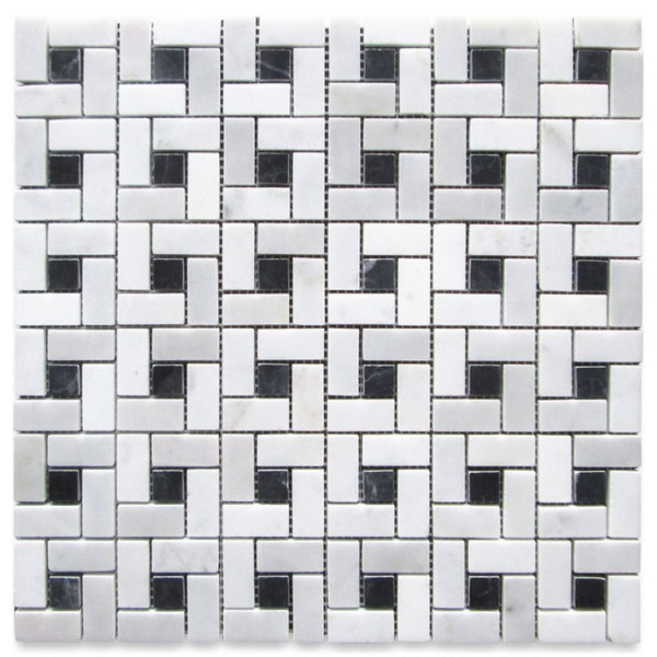 White Carrara Marble Pinwheel w/Black dots Polished Mosaic Tile.