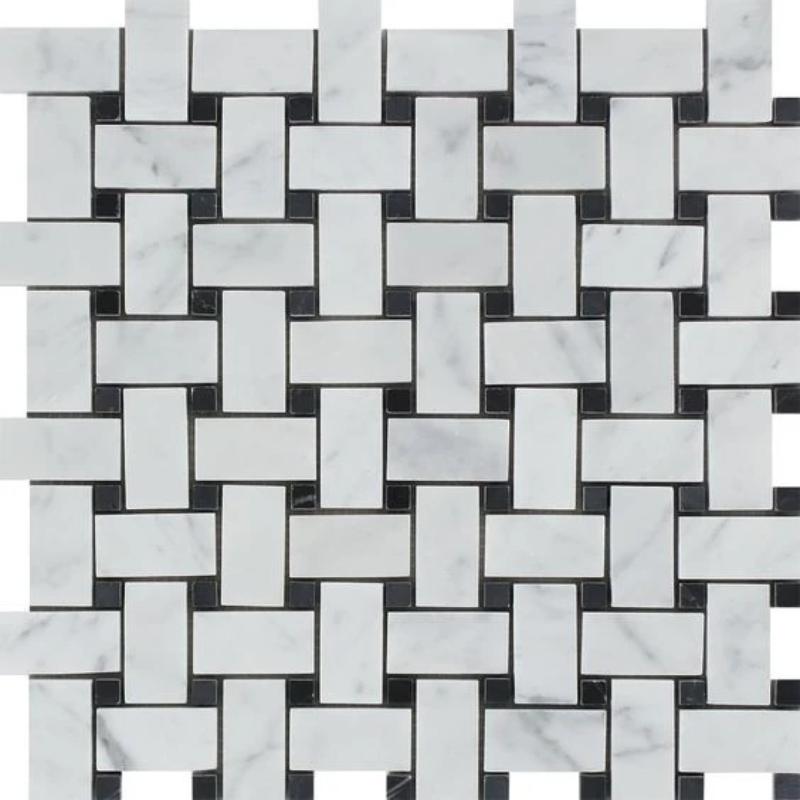 White Carrara Marble Polished Basketweave with Black Dots Mosaic Tile.
